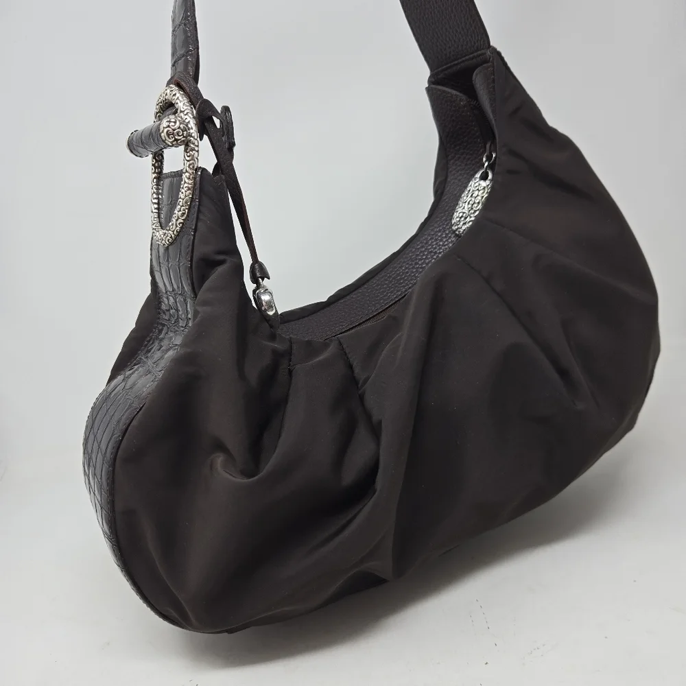 BRIGHTON Brown‎ Patent Leather Croc Embossed Nylon Hobo Purse Shoulder Bag Tote